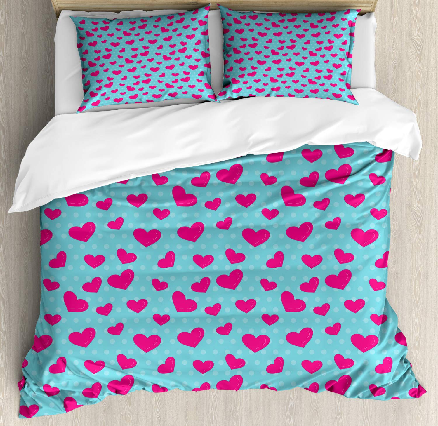 Ambesonne Pop Art Duvet Cover Set - Retro 50s 60s Style with Hearts & Polka Dots Print - 2 Duvet Covers & 4 Pillowcases - California King Size in Hot Pink & Turquoise - Perfect for Vintage Themed Bedrooms & Mid-Century Modern Decor
