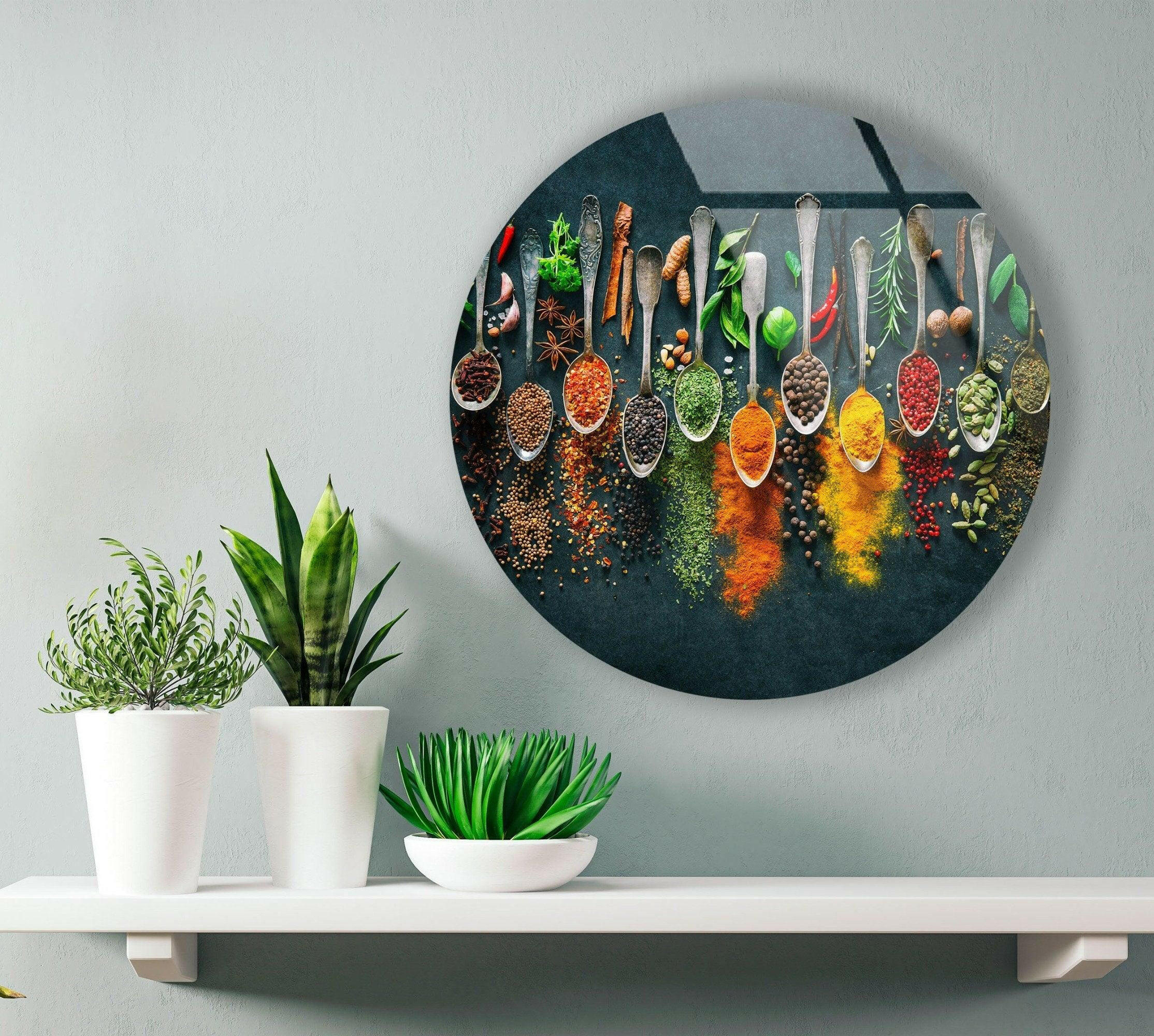 Vibrant Herbs Round Glass Wall Decor - Botanical Kitchen Art for Home, Office & Garden Decor