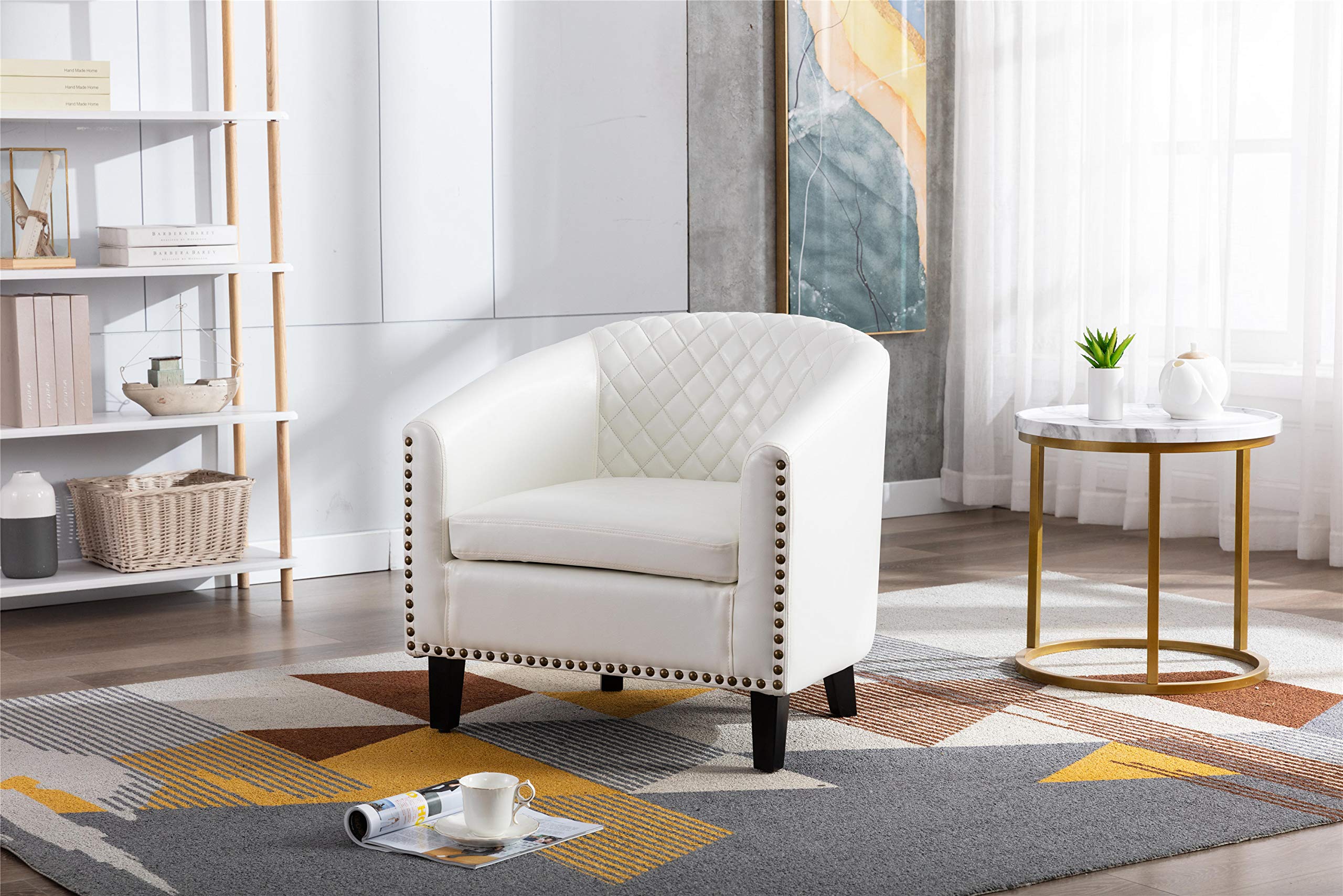 Modern Upholstered Faux Leather Barrel Accent Chair with Solid Wood Legs & Nailhead Trim - Comfortable Club Chair for Living Room, Office, Guest Room & Family Room - White Leather Lounge Chair for Home Decor & Relaxation