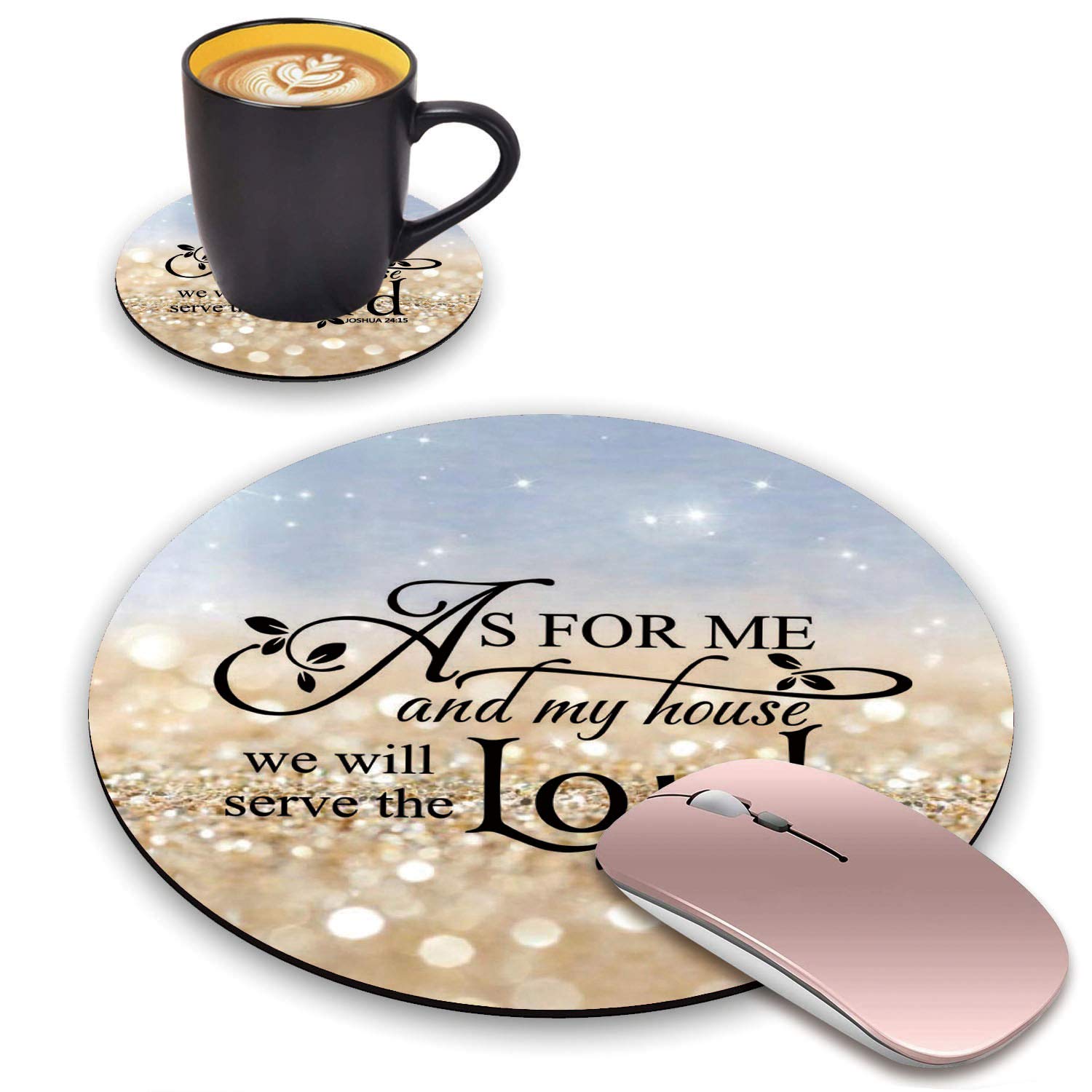 Non-Slip Rainbow Glitter Mouse Pad & Coaster Set with Bible Verse Joshua 24:15 - Perfect for Office, Gaming & Home Computer Workstations