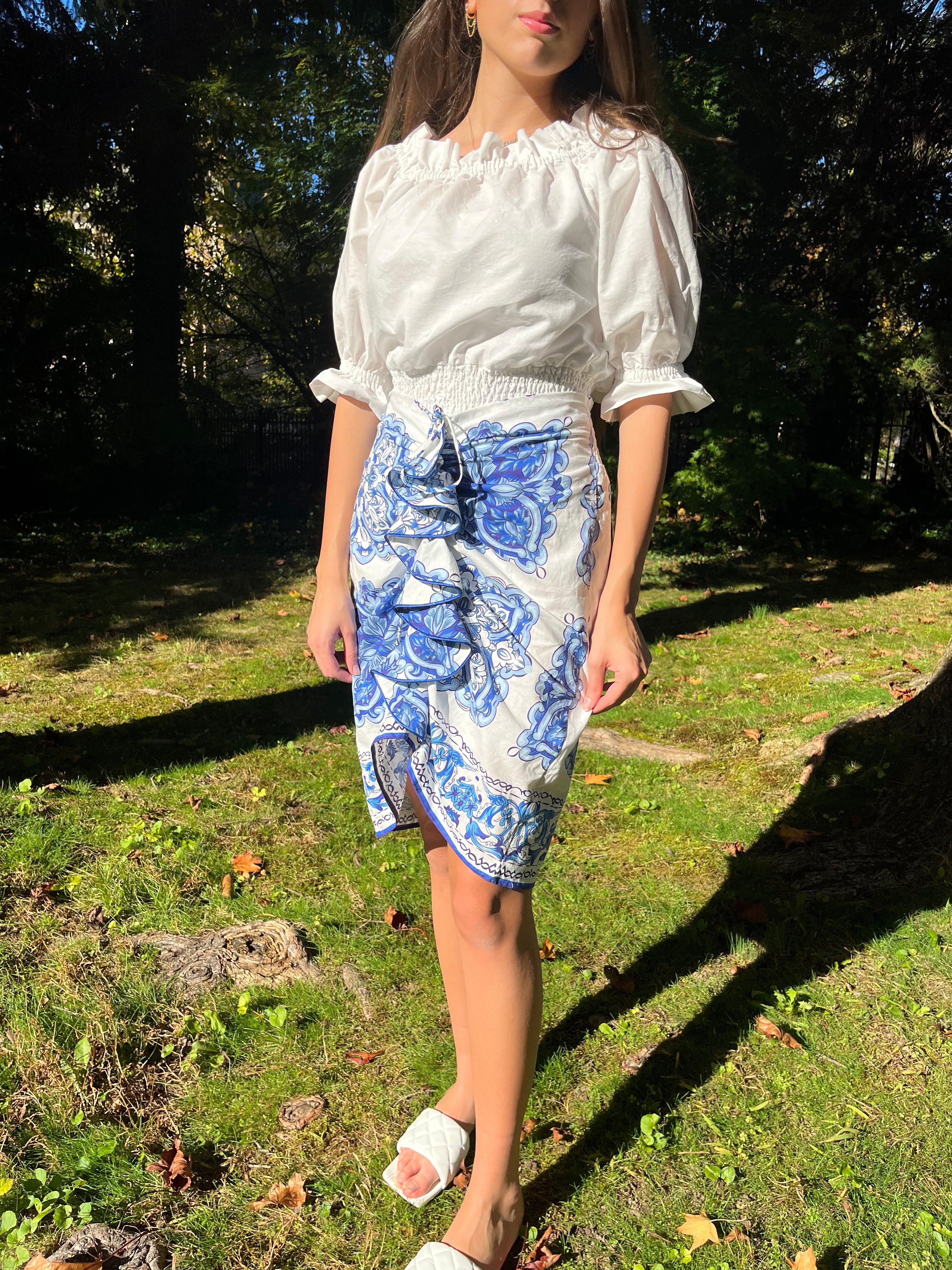 Stylish Blue and White Ruffle Skirt for Women - Summer Floral Print A-Line Skirt - Perfect for Beach, Party & Casual Outfits