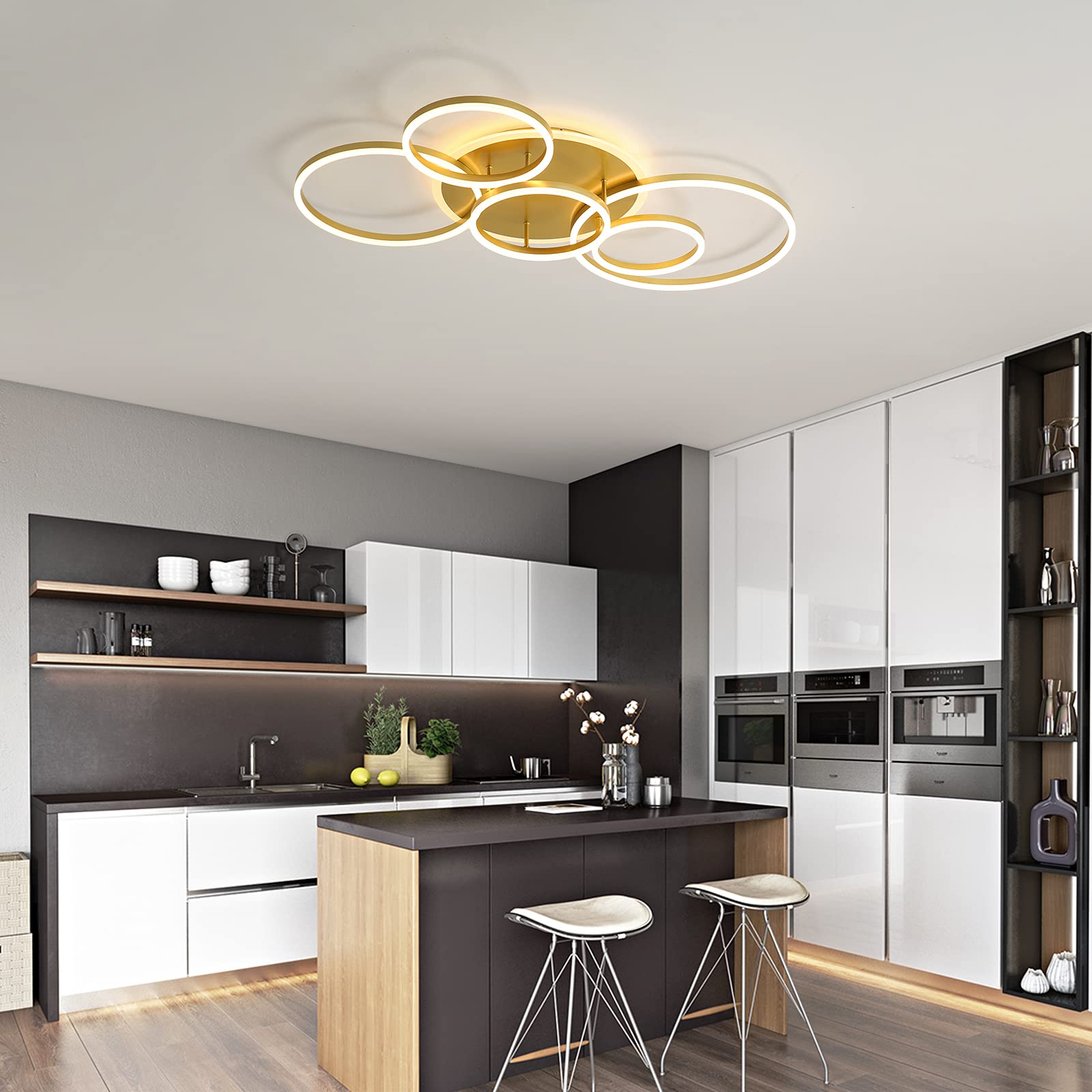 Modern 106W Dimmable LED Ceiling Light with Remote Control - 6 Ring Acrylic Flush Mount Chandelier in Gold Finish for Living Room, Dining Room, Bedroom & Kitchen | Energy-Efficient Home Lighting for Modern Interiors & Cozy Ambiance