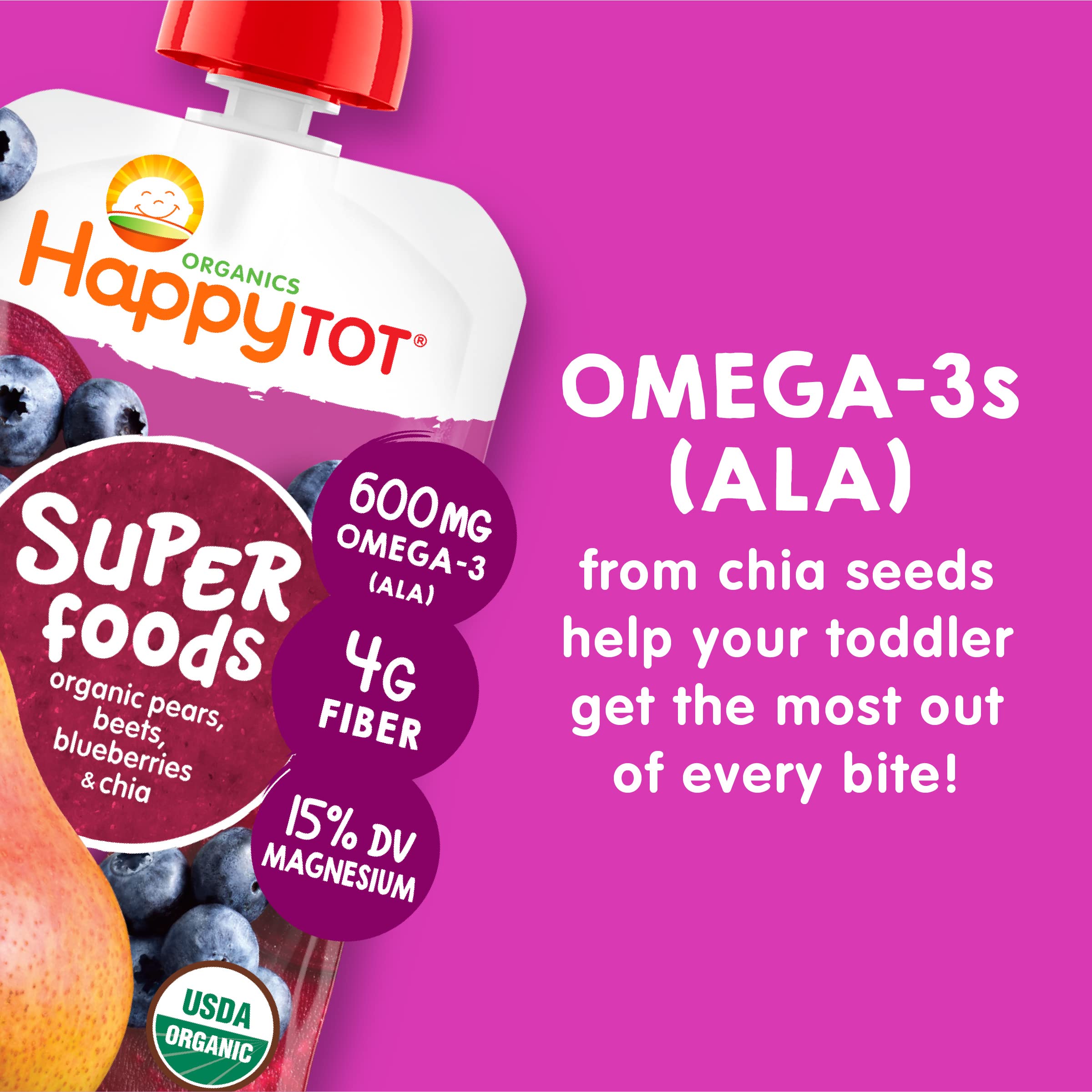 Happy Tot Organics Stage 4 Baby Food Pouches - Gluten Free Vegan Snacks with SuperFoods Fruit & Veggie Puree (Pears, Blueberries, Beets & Chia) - 4.22oz Pack of 16 - Perfect for On-the-Go Meals & Healthy Toddler Snacking