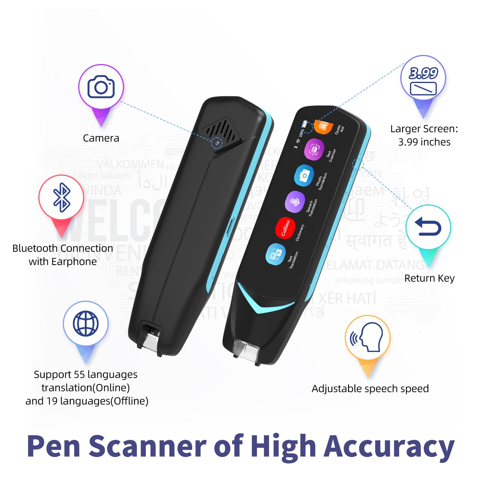 NEWYES Scan Reader Pen 4 - Text to Speech Device & Translator Pen for Dyslexia, Photo Translation OCR, 16GB Bluetooth Pen Scanner for Students & Adults (Blue) | Perfect for Reading Assistance, Language Learning & Study Sessions