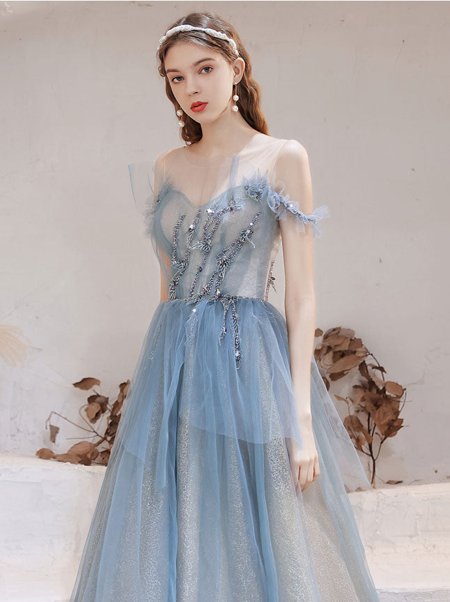 Elegant Blue Tulle Off Shoulder Beaded Long Prom Dress for Women - Formal Evening Gown for Homecoming, Wedding, and Special Occasions