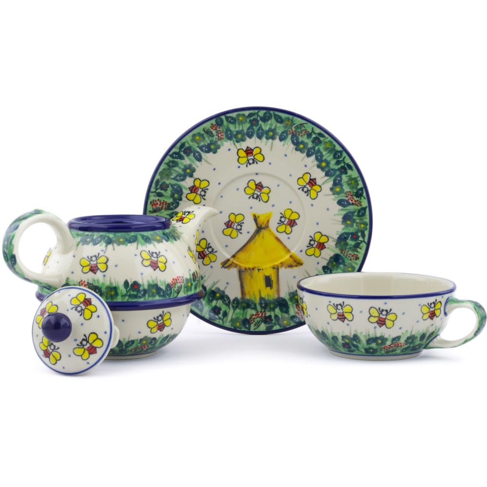 Authentic Polish Pottery Tea Set - Handmade in Bolesławiec, Poland | Signature UNIKAT Bee Happy Design | Includes Certificate of Authenticity | Perfect for Afternoon Tea, Gifts & Home Decor