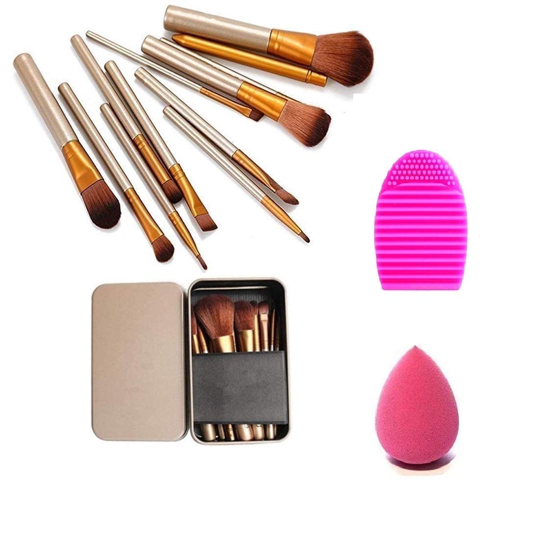 12-Piece Makeup Brush Set with Storage Tin Box, Brush Cleaner & Beauty Blender – Perfect for Professional Makeup Artists & Home Use