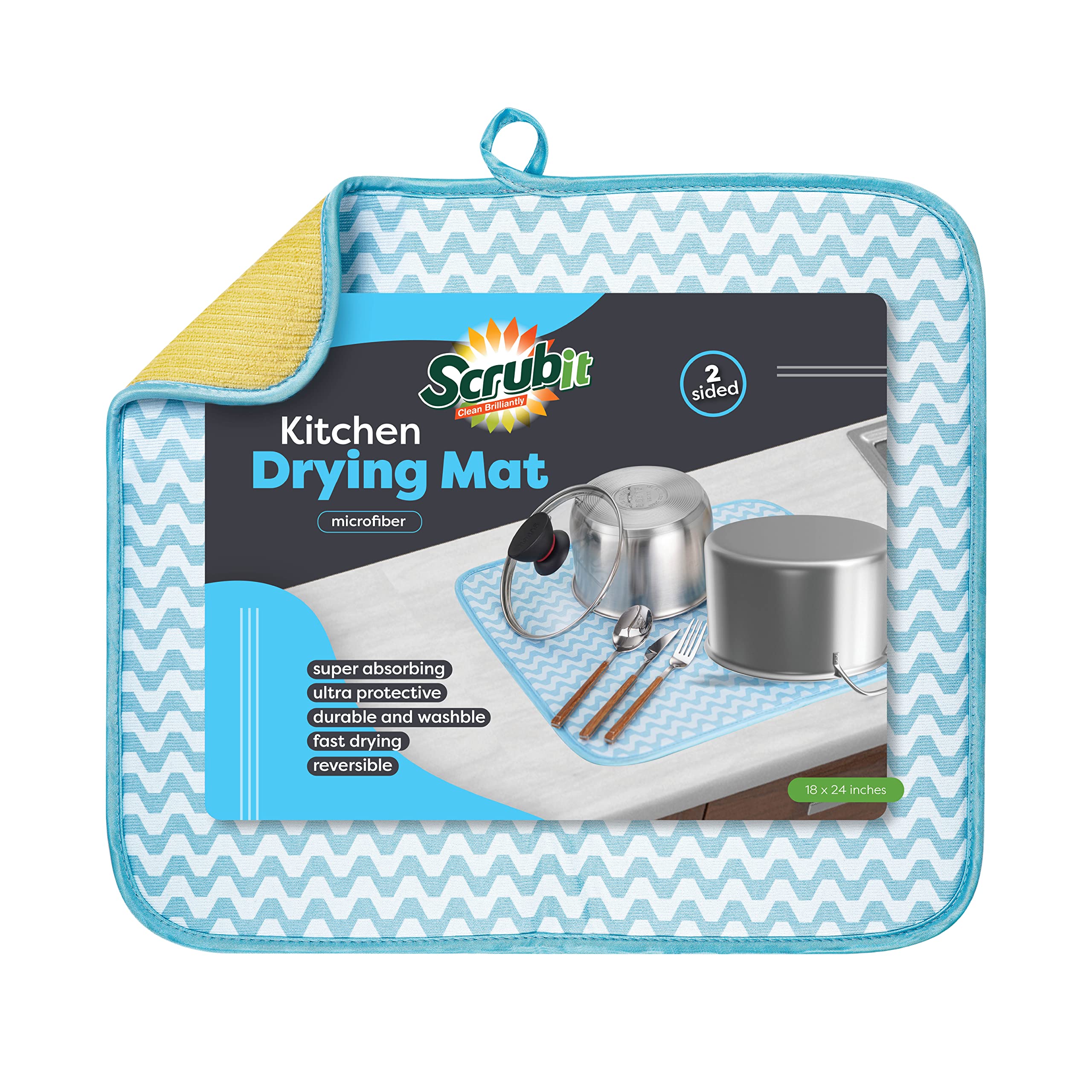 SCRUBIT XL Large Dish Drying Mat - Super Absorbent Reversible Microfiber Kitchen Counter Drying Pad - 18x24 Inches - Perfect for Drying Dishes, Utensils & Cookware - Ideal for Kitchen Countertops & Sink Areas