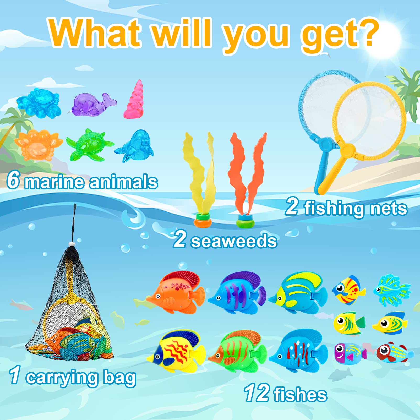 23 Pcs Kids Pool Toys Set - Dive & Grab Fishing Game, Fun Bath Toys for Summer Swimming & Water Play - Perfect for Pool Parties, Beach Trips & Backyard Splash Time