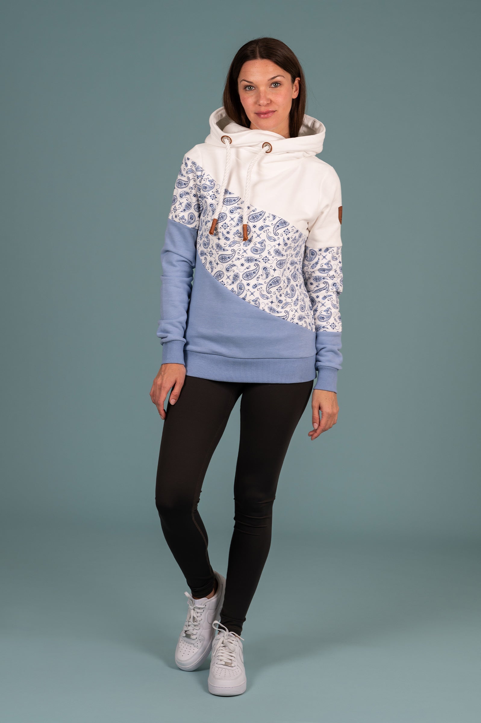 Selene Blue Printed Hoodie for Women - Soft Cotton Pullover with Ivory Mix Design | Cozy Casual Wear for Fall & Winter, Perfect for Street Style & Lounge Outfits