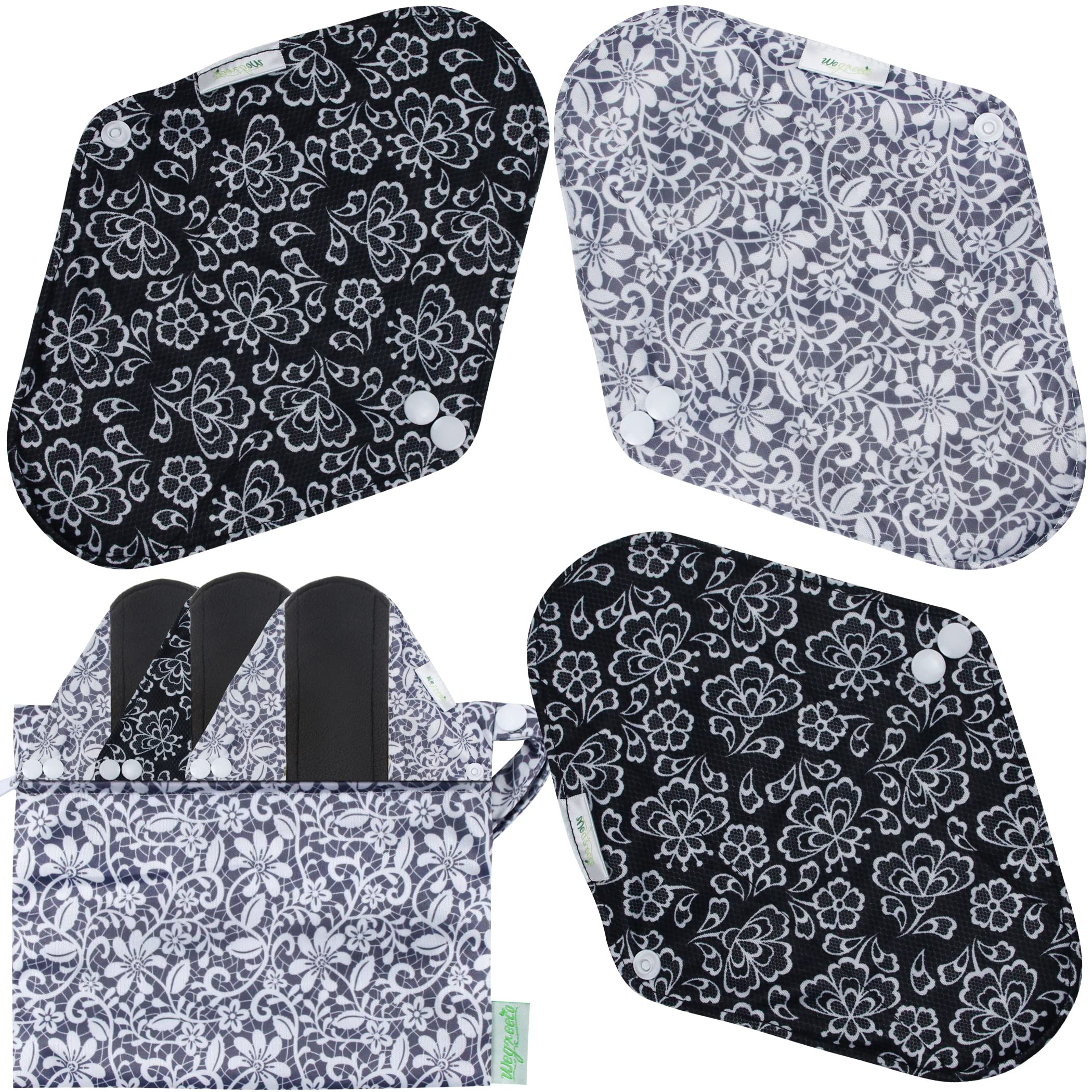 Wegreeco Reusable Menstrual Pads - 6 Pack Soft Cloth Sanitary Pads with 1 Wet Bag | Eco-Friendly Period Pads for Women | Black & Grey Lace Medium Flow | Comfortable for Daily Use, Travel & Active Lifestyle