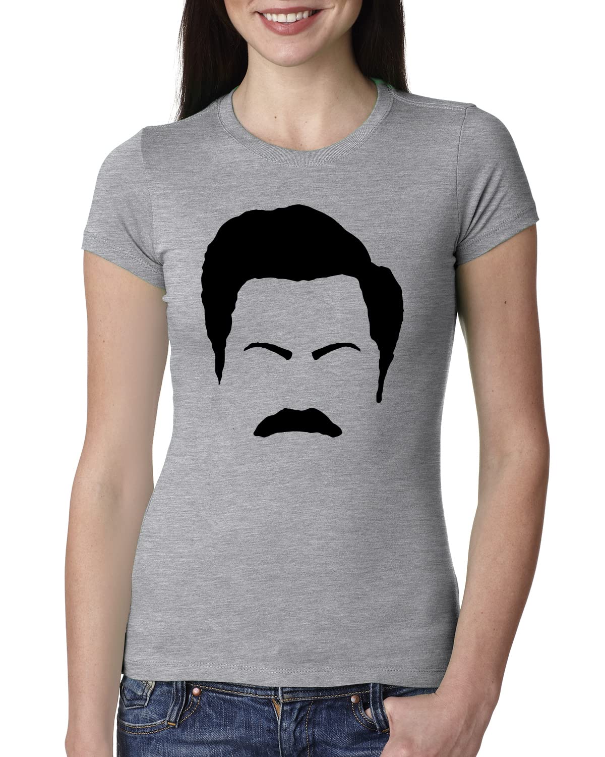 Ron Swanson Mustache Face Silhouette T-Shirt - Parks and Recreation Pop Culture Women's Slim Fit Junior Tee - Perfect for TV Show Fans, Cosplay & Casual Wear