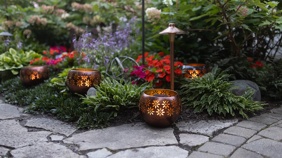 Original Solar Fire Bowl 8” (4-Pack) - Decorative Metal Solar Patio Lights with Realistic Flickering Flame, Waterproof Dusk-to-Dawn Outdoor Garden Lantern in Bronze/Copper Finish - Perfect for Backyard, Deck, Pathway & Landscape Lighting
