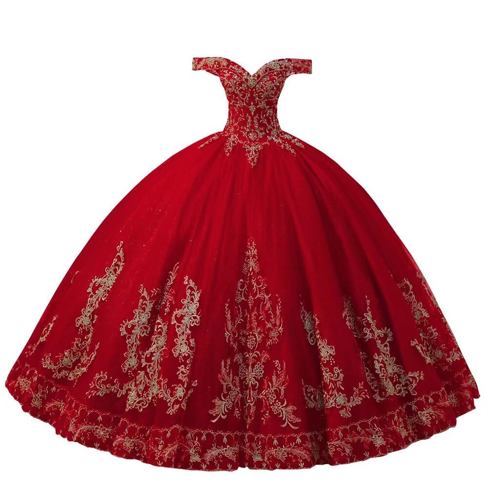 Elegant Gold Embroidered Beaded Tulle Ball Gown - Off Shoulder Quinceanera Dress for Sweet 15 Girls | 2025 Trendy Formal Gown for Quinceañera, Prom, Wedding & Special Occasions