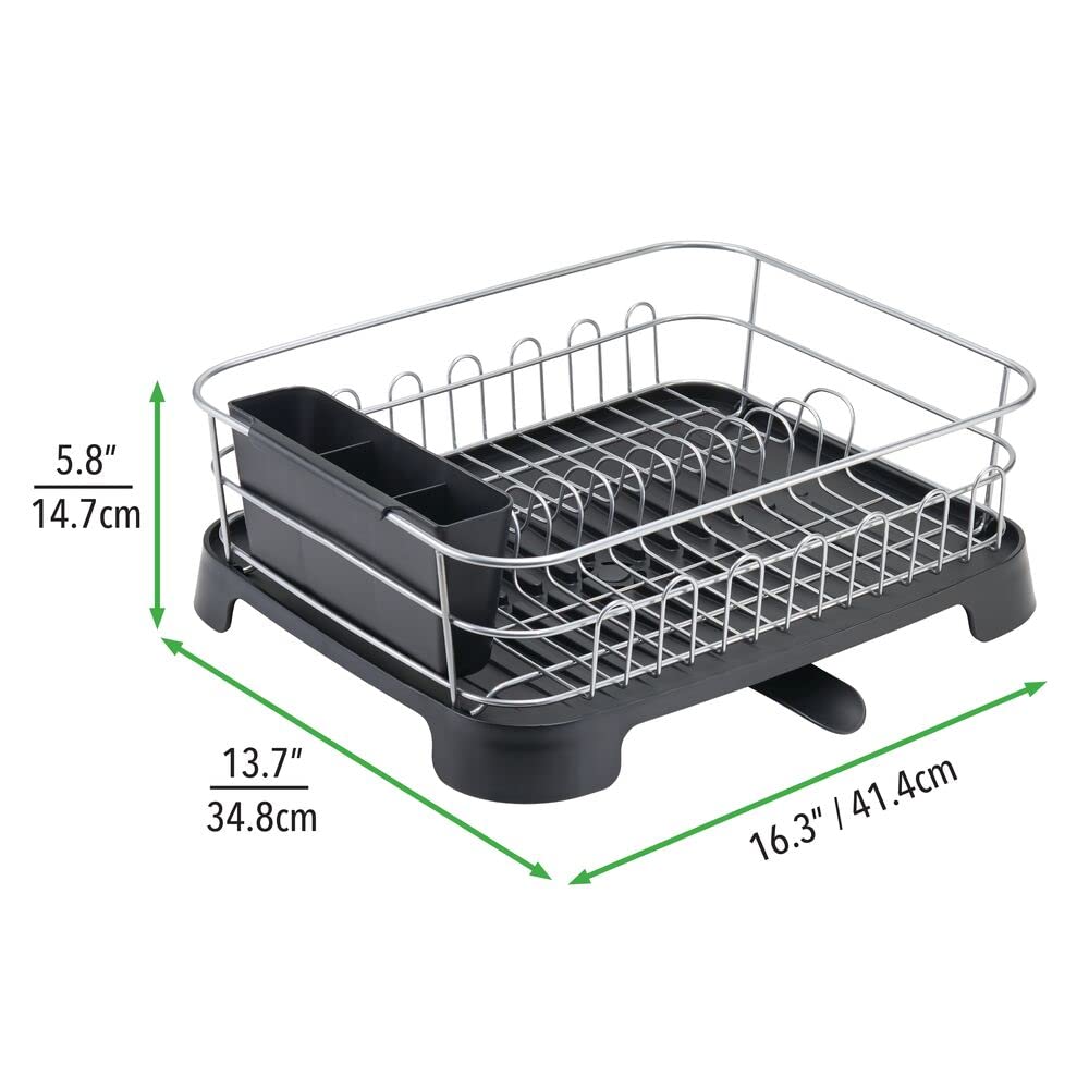mDesign Alloy Steel Sink Dish Drying Rack with Swivel Spout - Silver/Black | Space-Saving Kitchen Organizer for Dishes, Utensils & Cutting Boards | Perfect for Small Kitchens & Countertops