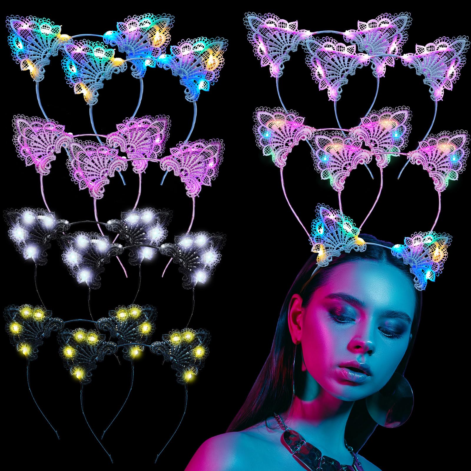 12 Pack LED Cat Ear Headbands with Glowing Lace - Light Up Hair Accessories for Women & Girls - Perfect for Raves, Parties, Halloween & Cosplay Events