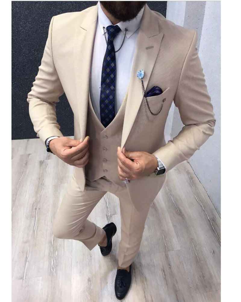 Beige Groomsmen Wedding Tuxedo 3-Piece Suit Set (Jacket, Pants & Waistcoat) - Formal Attire for Weddings, Proms & Special Occasions