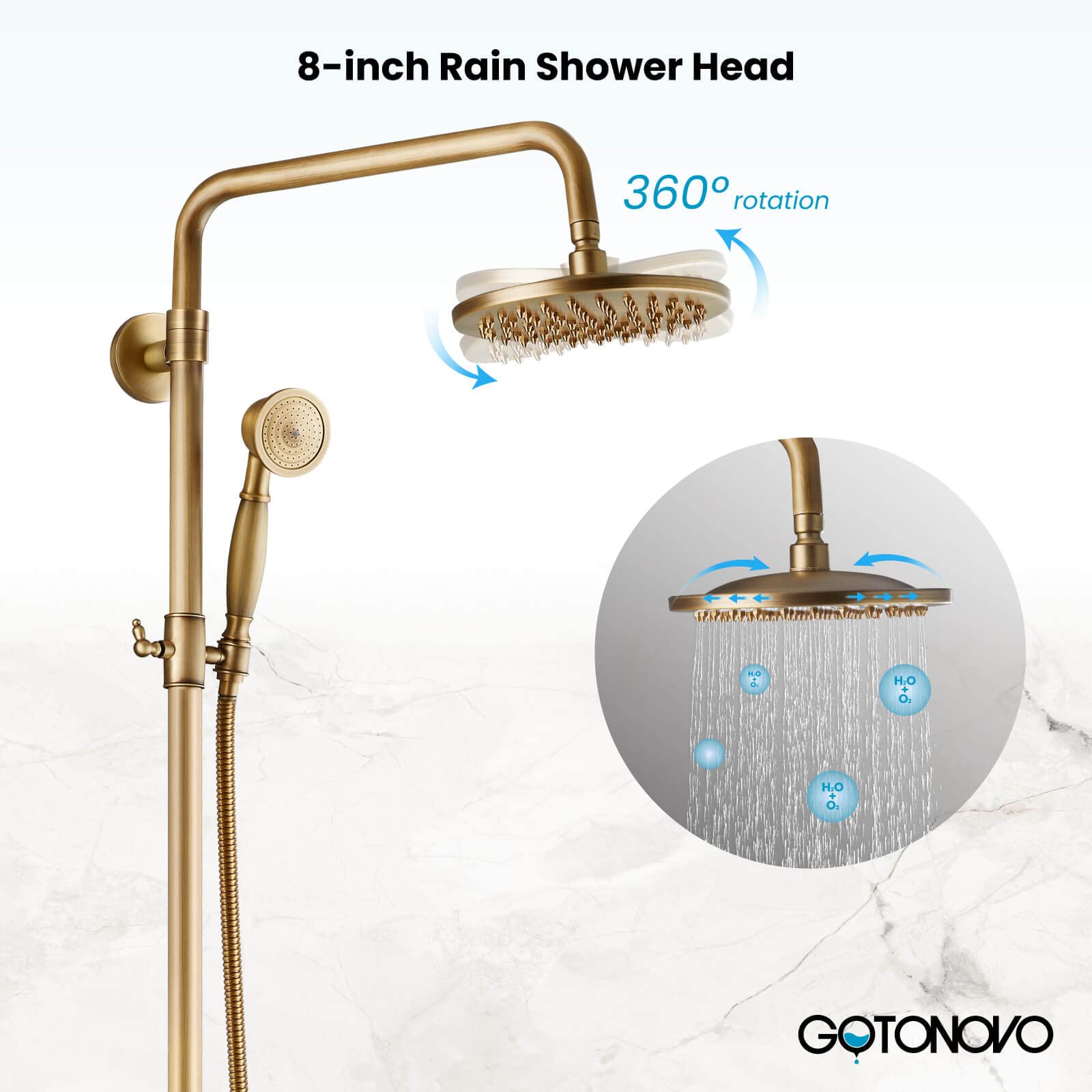 Gotonovo 8 Inch Antique Brass Rainfall Shower System - Wall Mounted Bathroom Faucet with Adjustable Handheld Sprayer, Shower Shelf & Double Cross Handles | Perfect for Vintage Style Bathrooms & Spa-Like Shower Experience