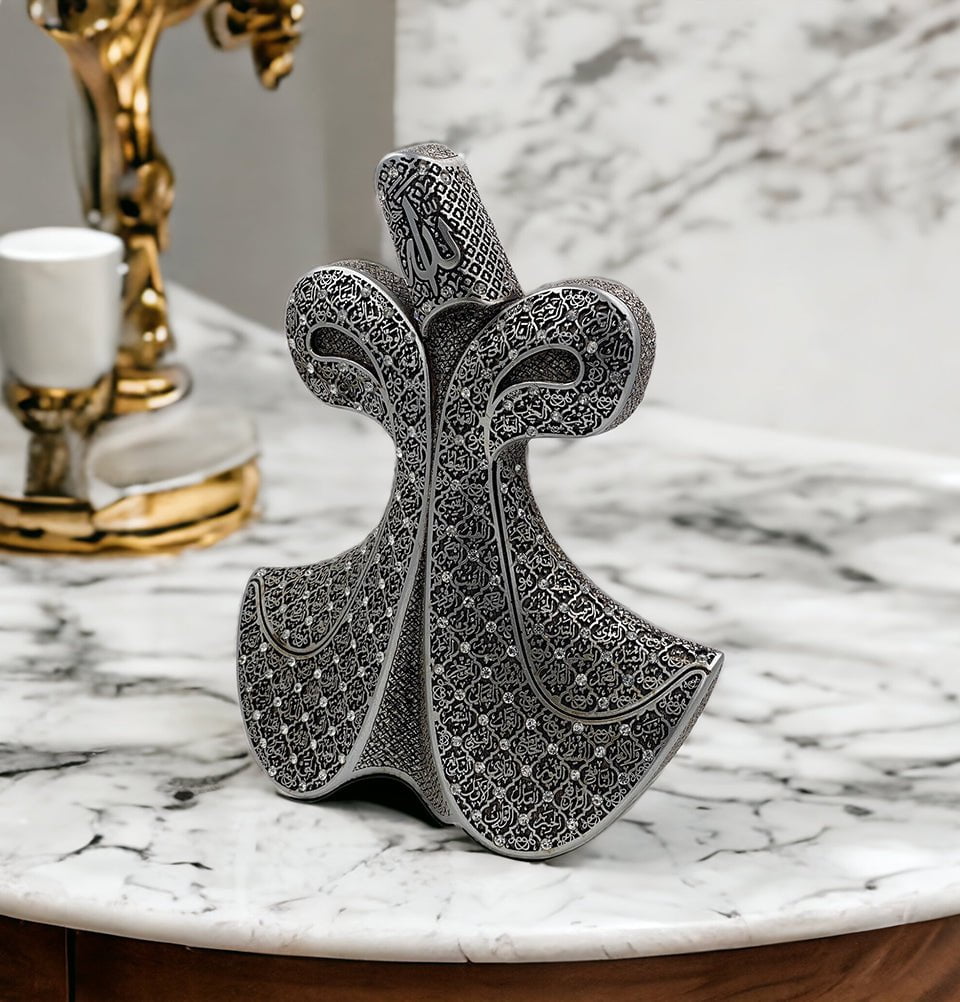 Silver Islamic Whirling Dervish Table Decor with 99 Names of Allah - Spiritual Home Decor for Ramadan, Eid & Meditation Spaces