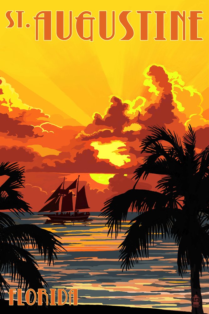St. Augustine Florida Sunset and Ship 44567 - 24x36 Signed Art Print, Coastal Wall Decor Poster - Perfect for Beach House, Living Room or Office Decor