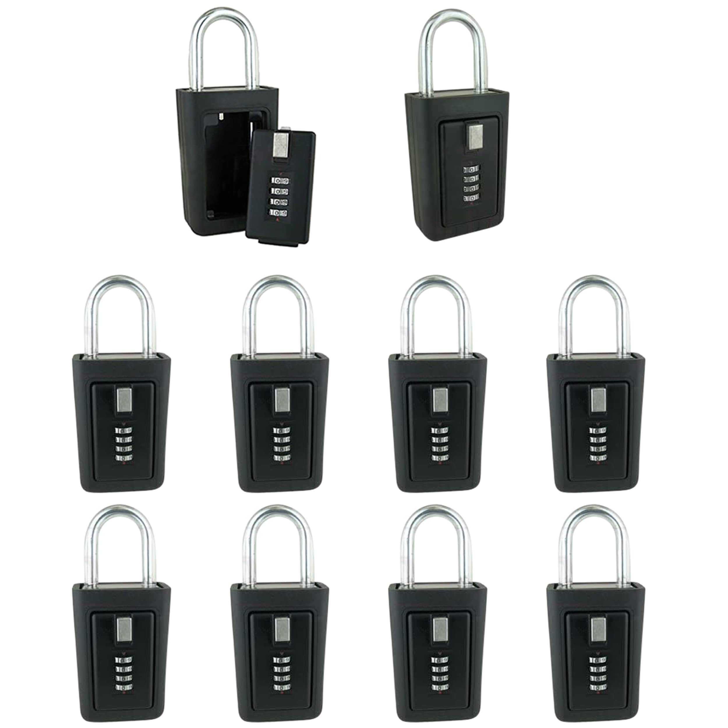 NU-SET 4 Digit Combination Lock Box with Keyed Shackle - Secure Key Storage for Home, Office & Travel - Durable Black Lock Box for Keys, Valuables & Outdoor Use