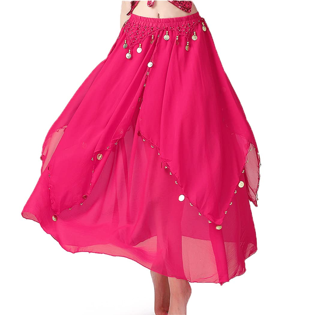 TWINKLEDE Women's Chiffon Swing Belly Dance Skirt with Coin Indian Dance Costume - Perfect for Belly Dancing, Performances, and Cultural Events