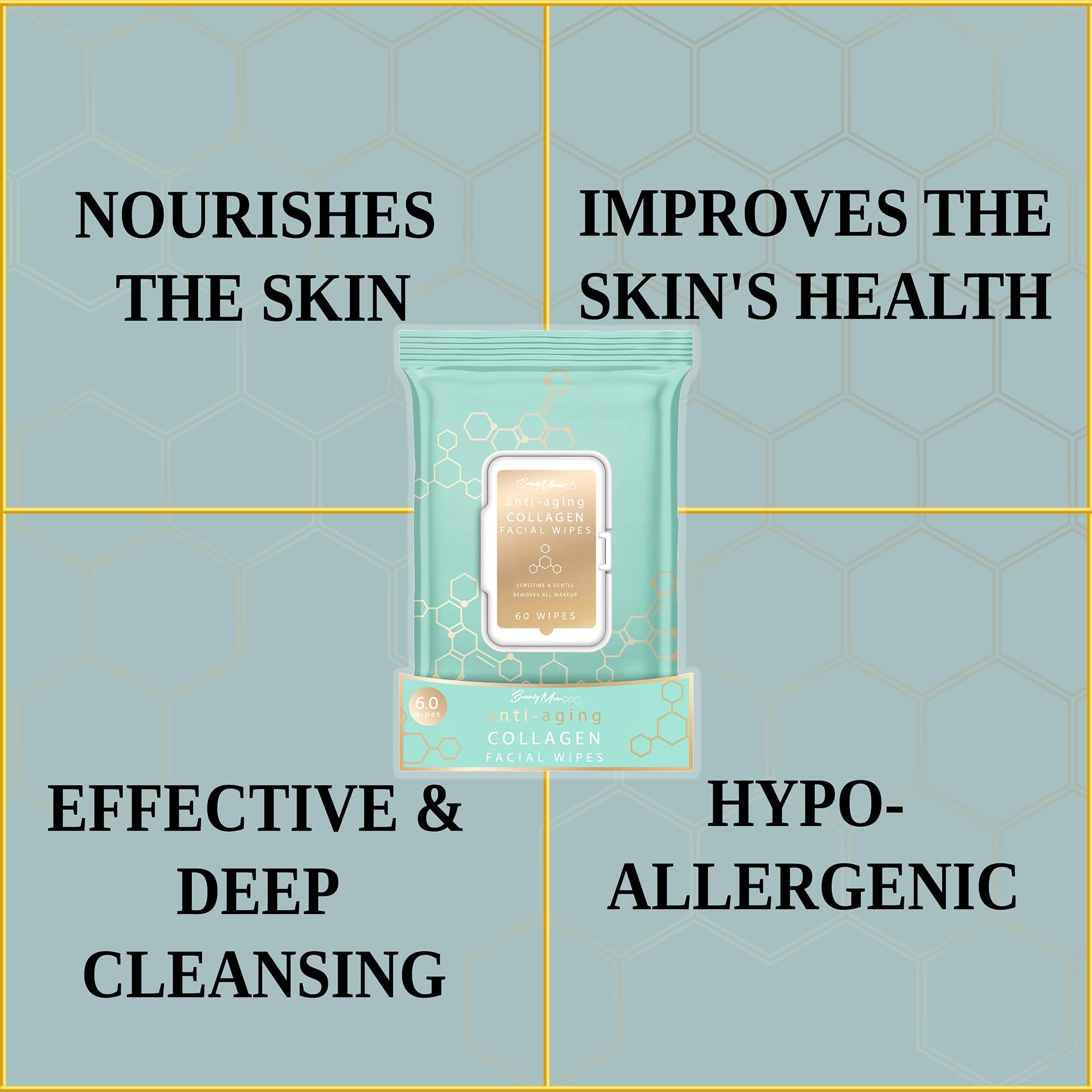 BEAUTY MUSE Anti-Aging Collagen Facial Makeup Wipes - Gentle Makeup Remover for Sensitive Skin - 60 Count - Hypoallergenic & Dermatologist Tested - Perfect for Travel, Gym & Nightly Skincare Routine