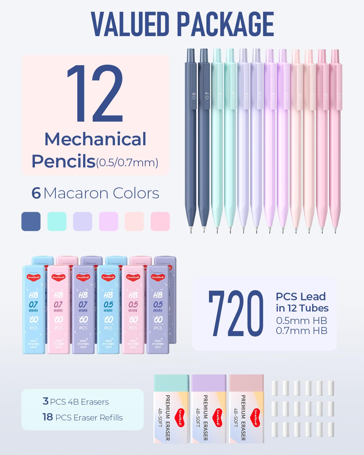 12-Piece 0.5mm & 0.7mm Mechanical Pencil Set with Case - Pastel Colored Drafting Pencils Includes 720 HB Lead Refills & 3 Erasers - Perfect for School, Office, Art Sketching & Technical Drawing