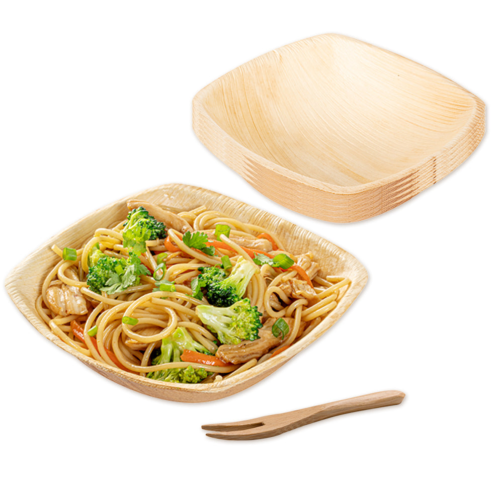 100 Pack Midori 7 oz Square Palm Leaf Bowls & 100 Natural Bamboo 3.5
