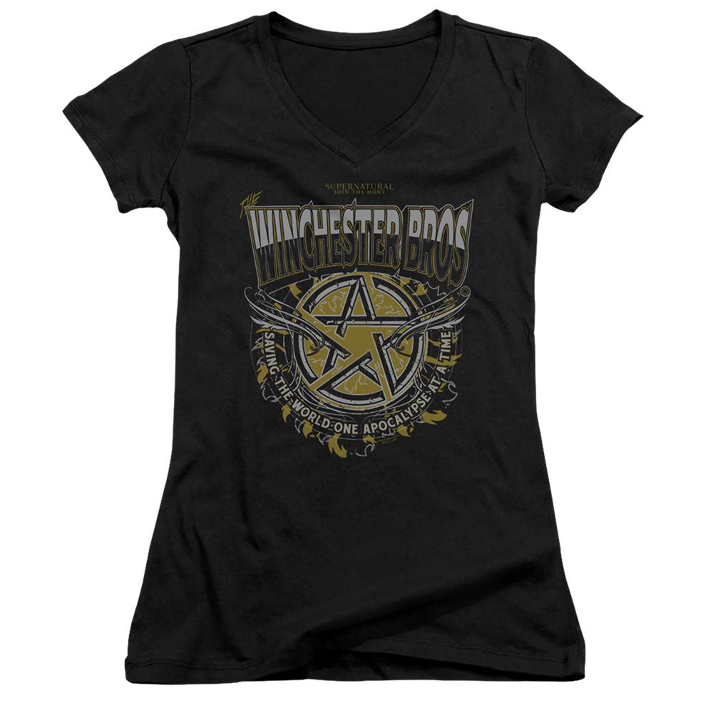Supernatural Juniors V-Neck T-Shirt | Winchester Bros Black Tee | TV Show Merchandise for Fans & Collectors | Perfect for Cosplay, Conventions & Casual Wear