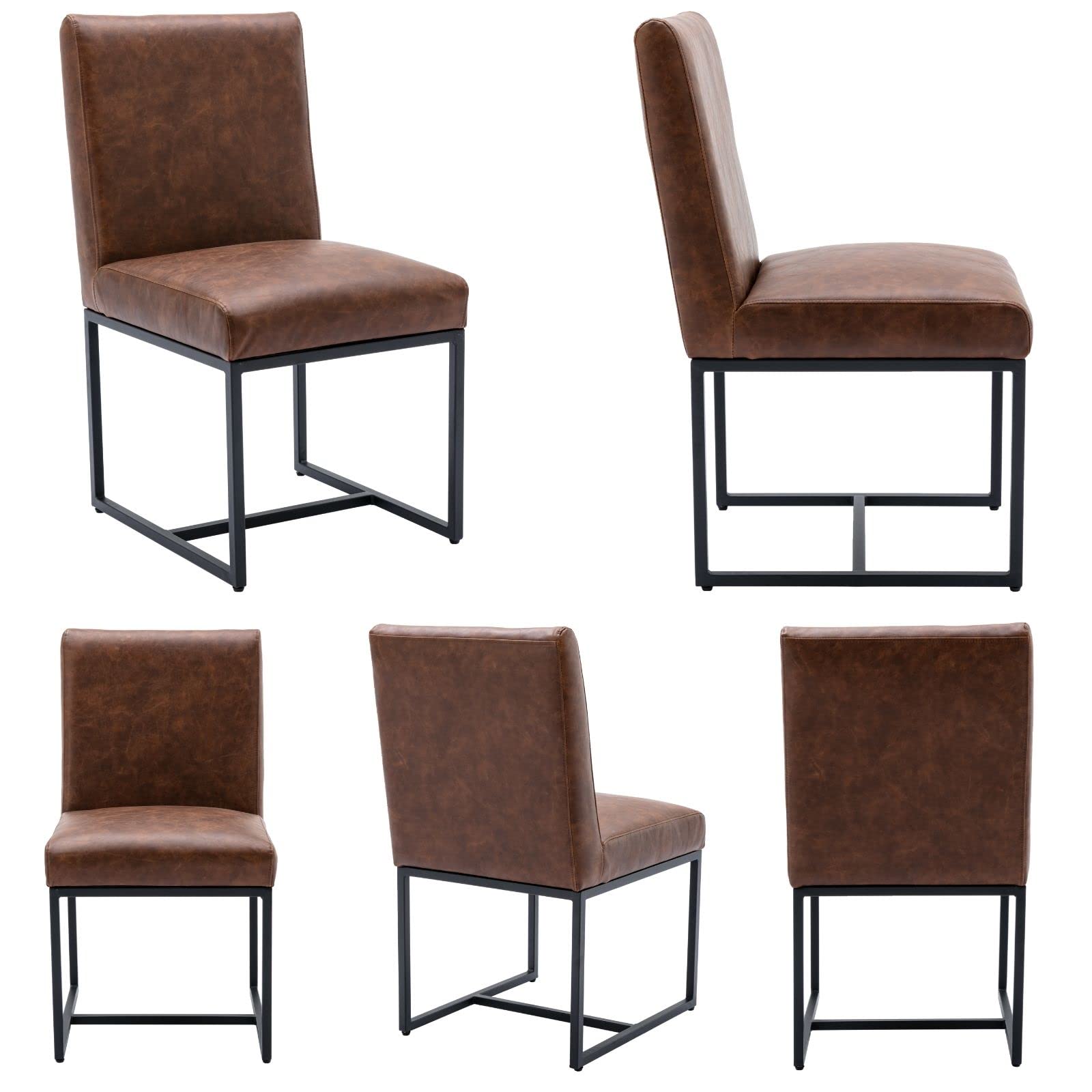 Modern Fabric Dining Chairs Set of 2 - Faux Leather Upholstered Mid Century Kitchen Chairs with Black Metal Legs - Brown Dining Room Chairs for Home, Restaurant & Office Use