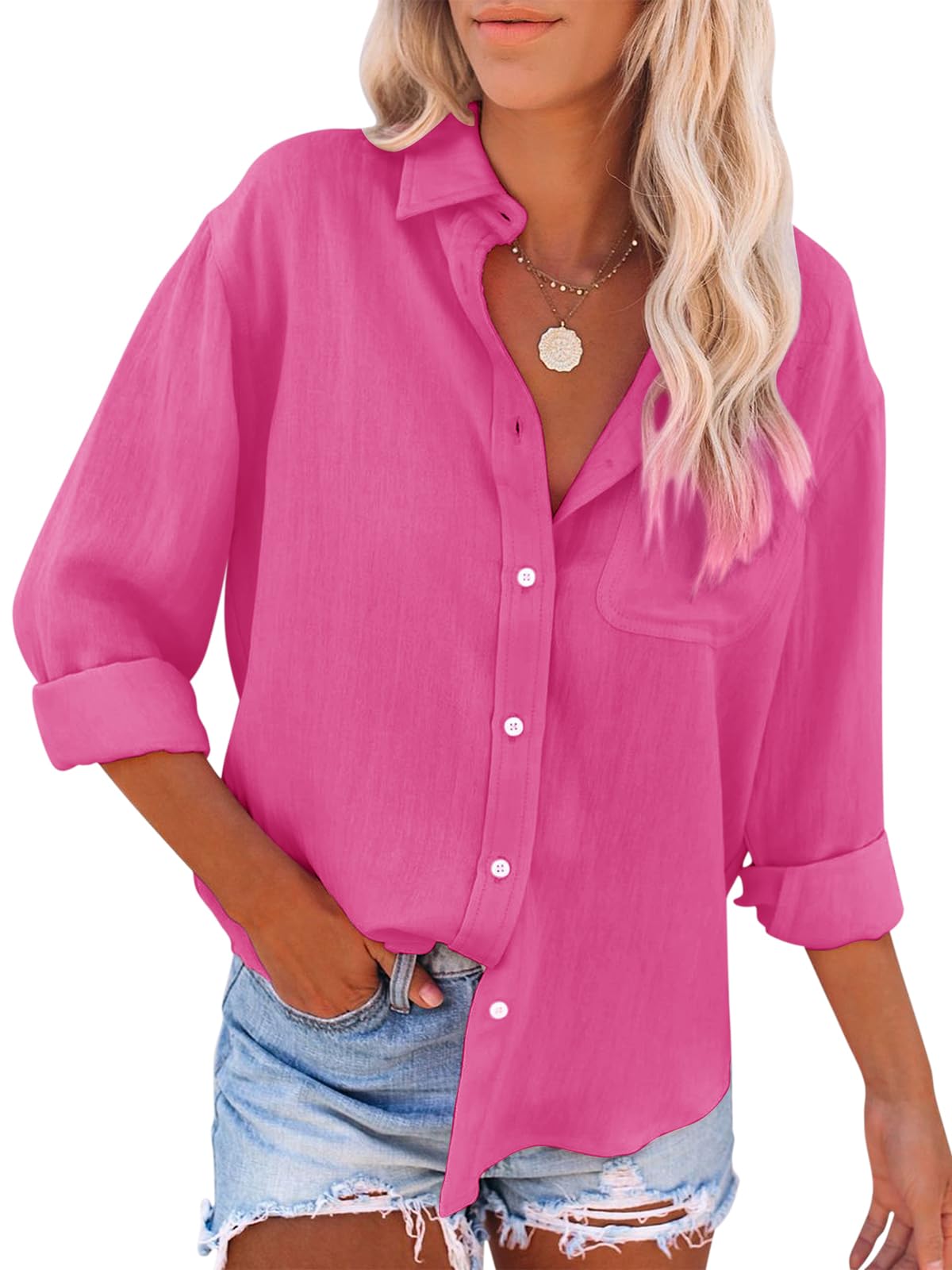 Siliteelon Women's Cotton Button Down Shirts - Long Sleeve V-Neck Blouses with Pockets | Casual Office Wear & Everyday Tunic Tops for Women