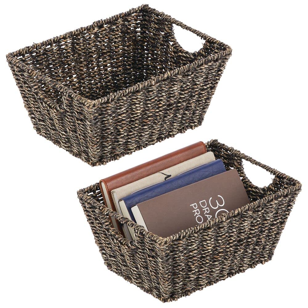 mDesign Natural Woven Seagrass Storage Baskets (2-Pack, Black) - Closet Organizer for Kitchen, Bathroom, Laundry & Pantry | Perfect for Home Organization & Space Saving