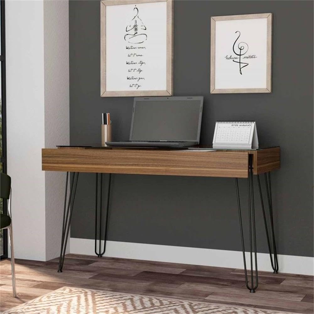 Modern Wood Desk with Abstract Steel Legs - Mahogany Finish Home Office Desk for Study, Work & Conference Room - Stylish & Durable Writing Table for Professionals & Students