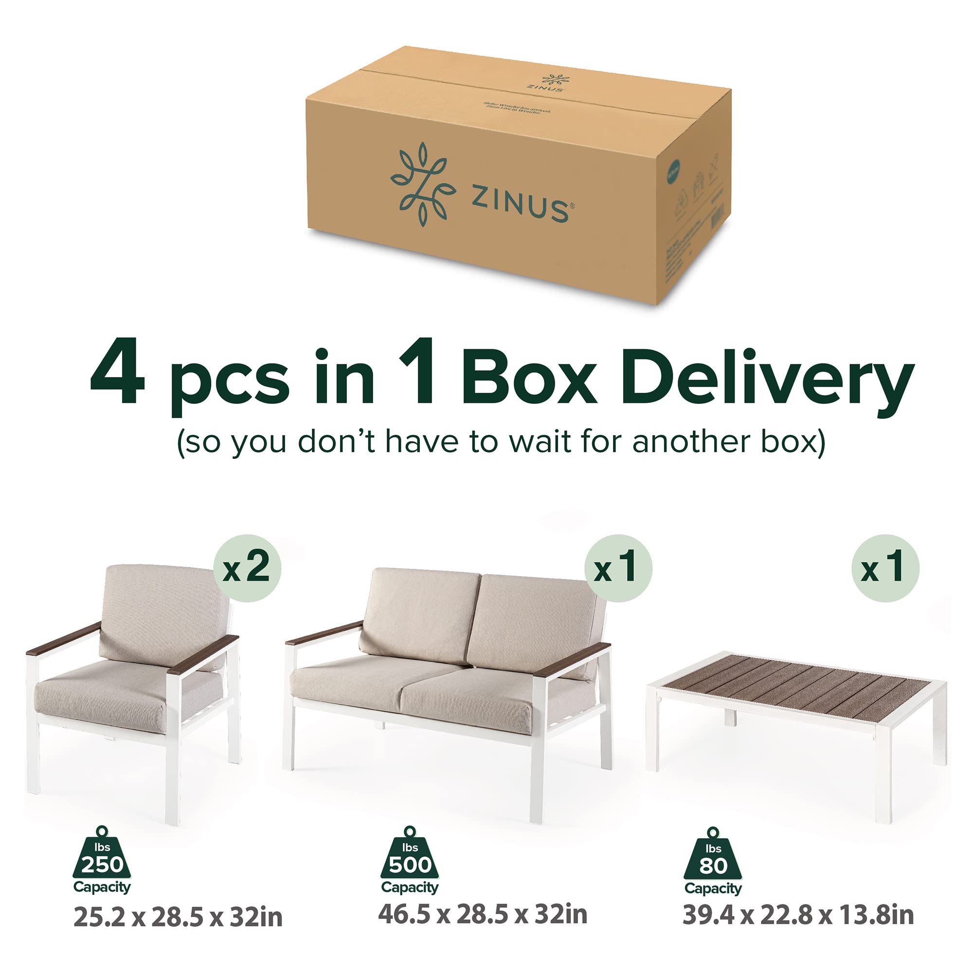 ZINUS Dillon 4-Piece Outdoor Patio Conversation Set - Aluminum & Poly Lumber, Weather-Resistant, Rust-Proof, Easy Assembly (White) - Perfect for Backyard, Garden, Poolside & Deck Relaxation