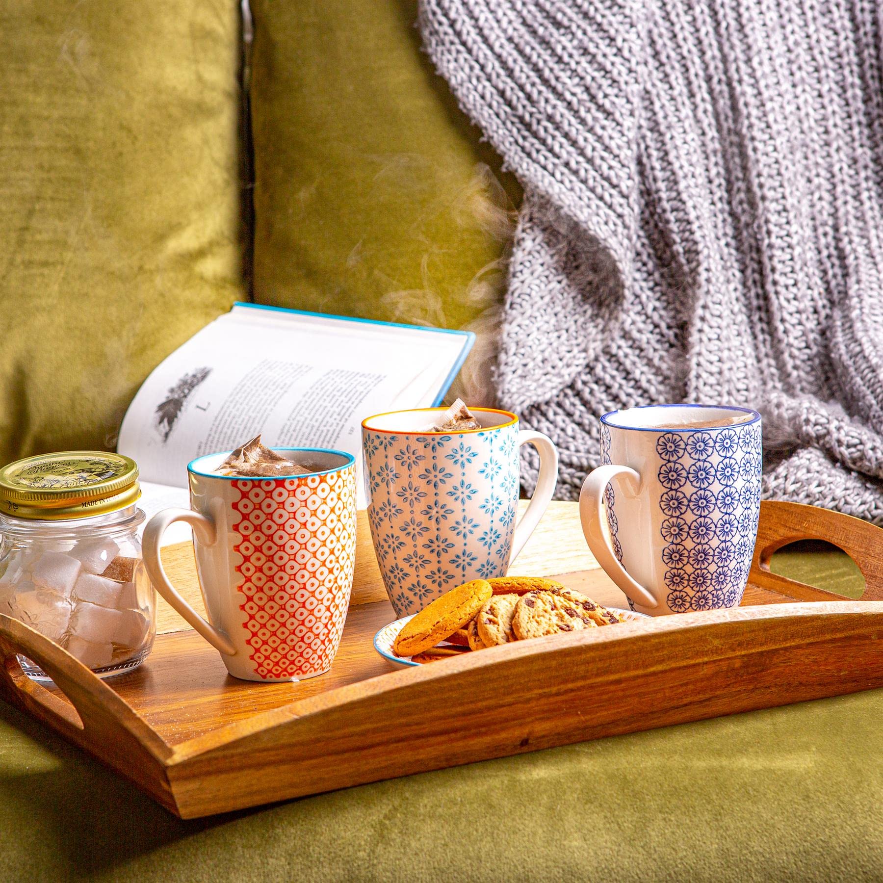 Nicola Spring Hand-Printed Porcelain Mug Set - 6 Pack 330ml Coffee & Tea Cups in Navy, Orange & Blue - Perfect for Home Kitchens, Cafes, Restaurants & Office Use