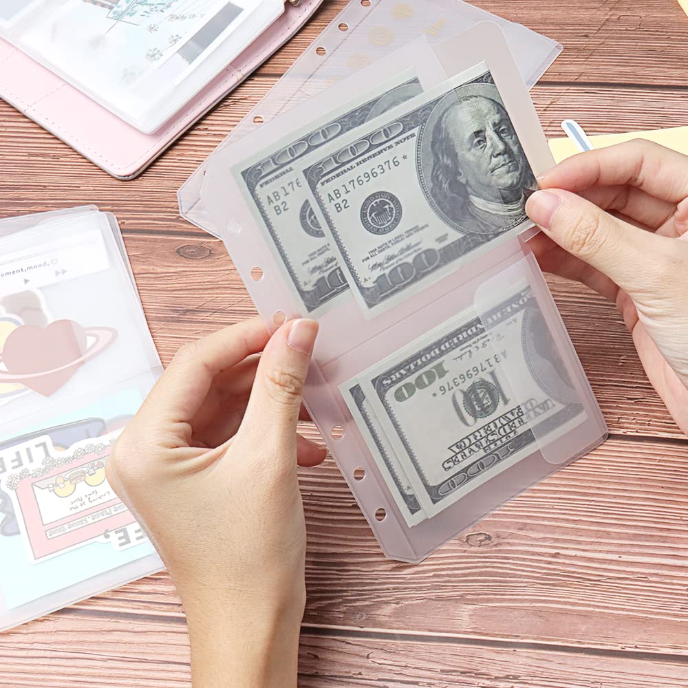NatSumeBasics 12-Pack A6 Clear Plastic Binder Pockets with 6 Holes - Cash Envelopes, Budget Organizer Pouch for 6-Ring Binders - Perfect for Organizing Photos, Cards, Bills & Documents (A6 Size, 2 Pockets per Sheet) - Ideal for Home Office, School, Travel & Financial Planning