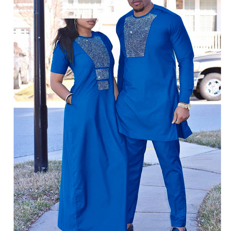 African Couple Matching Outfits - Traditional Long Dresses for Women & Men - Afrocentric Cultural Wear for Weddings, Parties & Special Occasions