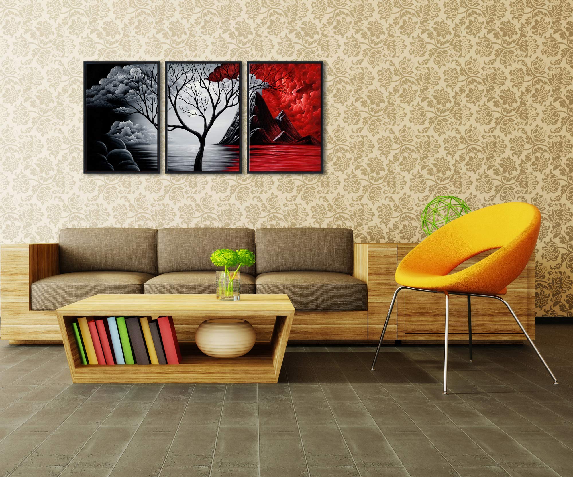 Wieco Art Large Framed Canvas Wall Art - The Cloud Tree Abstract Painting for Bedroom & Office Decor | 3-Panel Contemporary Artwork with Black Frames | Perfect for Living Room, Bedroom & Office Wall Decor