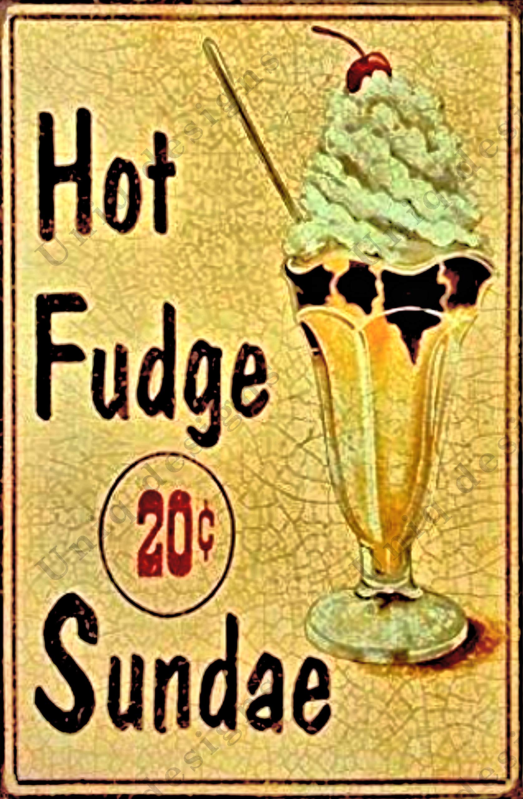 Vintage Hot Fudge Sundae Metal Tin Sign - 12x8 Inch Retro Ice Cream Decor for Kitchen, Diner & Bar Wall Art - Funny Vintage Food Poster for Home & Restaurant Decorations