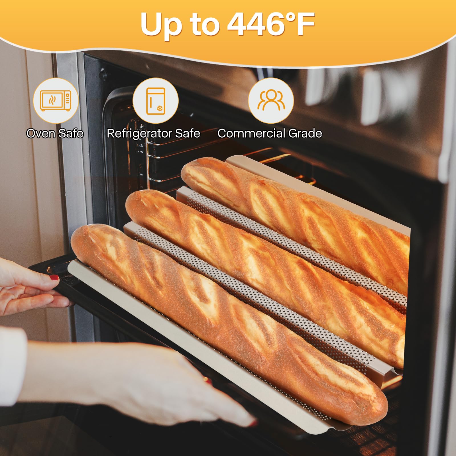Nonstick Perforated Baguette Bread Pan - 3 Loaf French Bread Baking Tray with Proofing Cloth & Dough Cutter Kit - 15x11 Inch Gold for Home Bakers | Perfect for Artisan Bread, Homemade French Baguettes & Professional Baking
