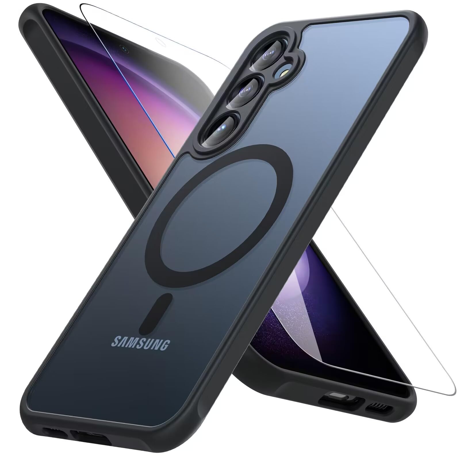 Samsung Galaxy S23 FE Case with Tempered Glass Screen Protector - Magsafe Compatible, Military-Grade Shockproof & Anti-Scratch Protection - Frosted Translucent Bumper Cover for Everyday Use, Travel & Outdoor Activities