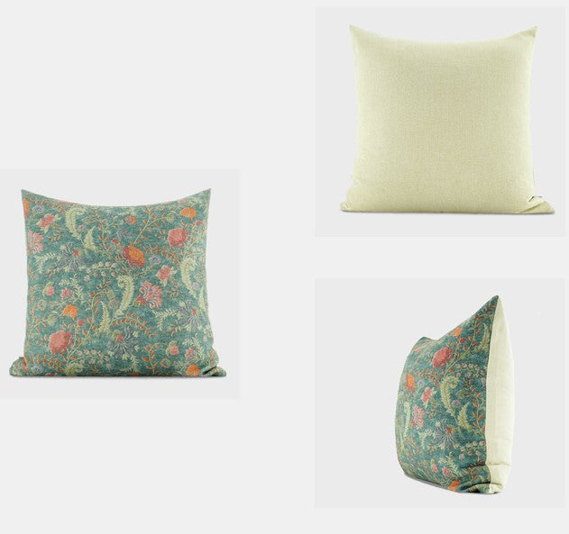 Green Geometric Contemporary Square Throw Pillows - Large Decorative Couch Pillows with Garden Flowers Pattern for Modern Interior Design | Perfect for Living Room, Bedroom & Home Decor