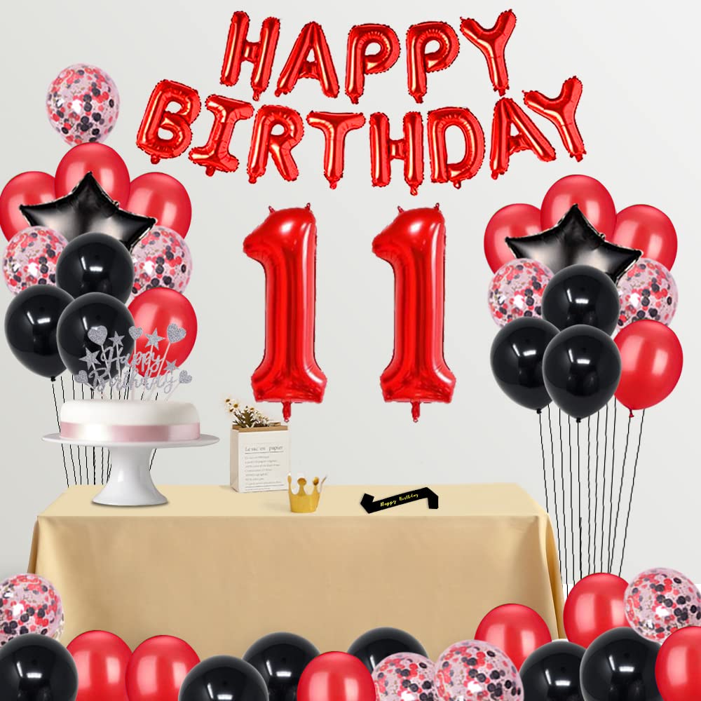 11th Birthday Party Decorations Kit - Red & Black Latex Balloons, Cake Topper, Sash, Foil Curtains & Star Balloons for 11 Year Old Celebration | Perfect for Birthday Parties, Photo Backdrops & Milestone Decor