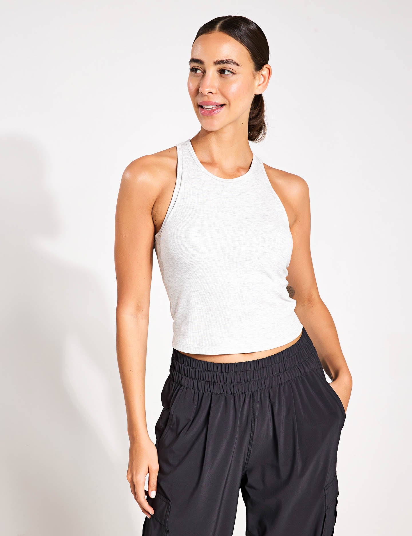 Pose Plyo Tank Top - Women's Workout Shirt in White Heather Grey | Yoga, Running & Gym Fitness Apparel