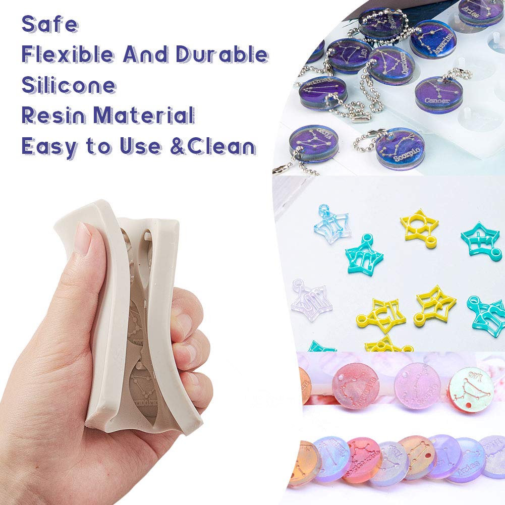 SunnyClue DIY 12 Constellations Resin Molds Set - Epoxy Disc Pendant & Rectangle Silicone Molds Kit with 18.7