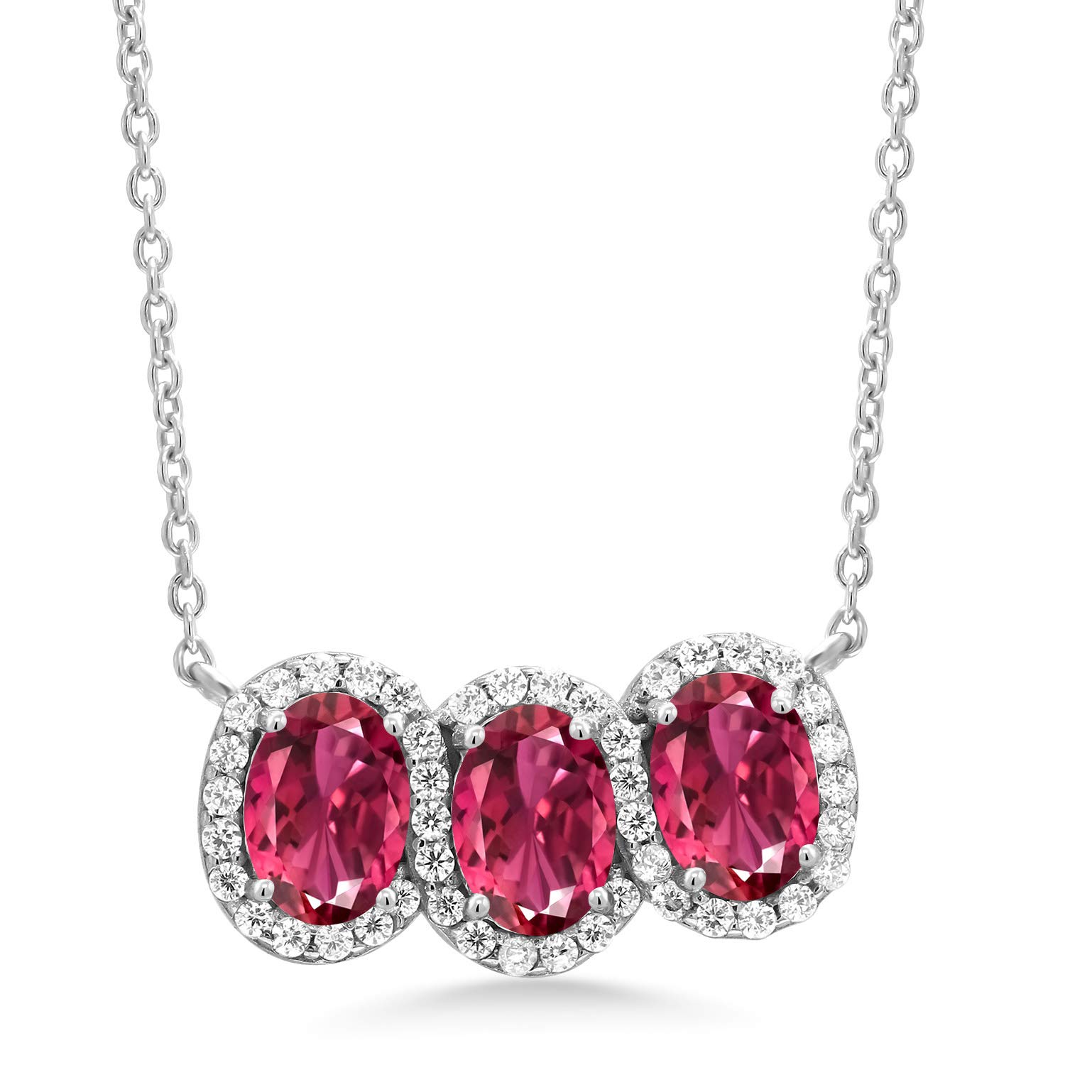 Gem Stone King 925 Sterling Silver Birthstone Necklace for Women | 3 Stone Oval Pendant (7x5mm) with 18