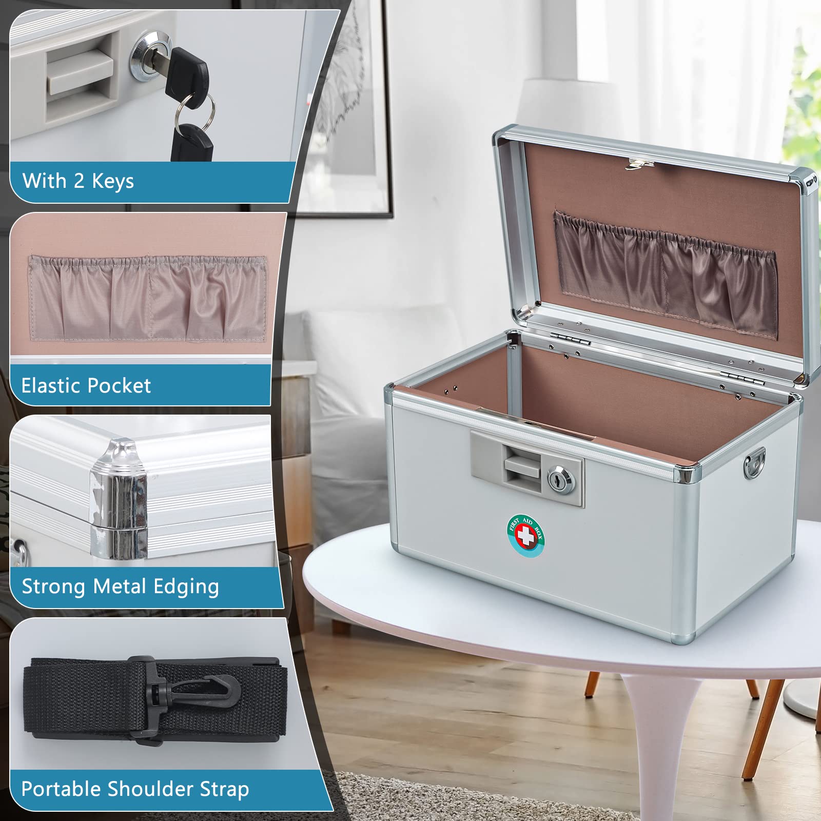 KYODOLED Lockable Medicine Storage Box with Key - Secure First Aid & Medication Organizer (13.9''x7.8''x8.6'') - Ideal for Home, Pharmacy & Travel Use - White