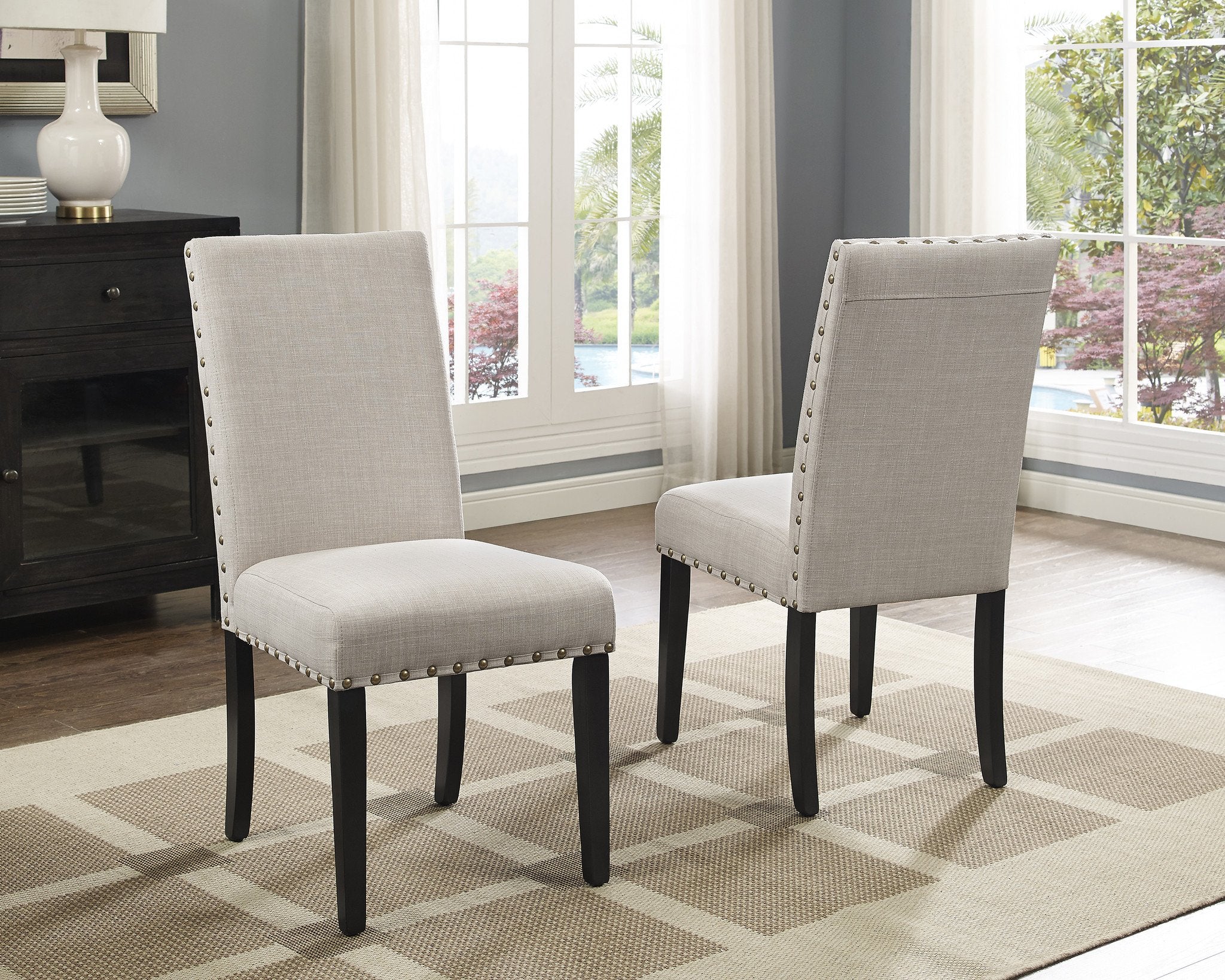 Roundhill Furniture Biony Fabric Dining Chairs with Nailhead Trim, Tan, Set of 2 - Modern Upholstered Side Chairs for Kitchen, Dining Room, and Office - Comfortable & Stylish Seating for Home Decor
