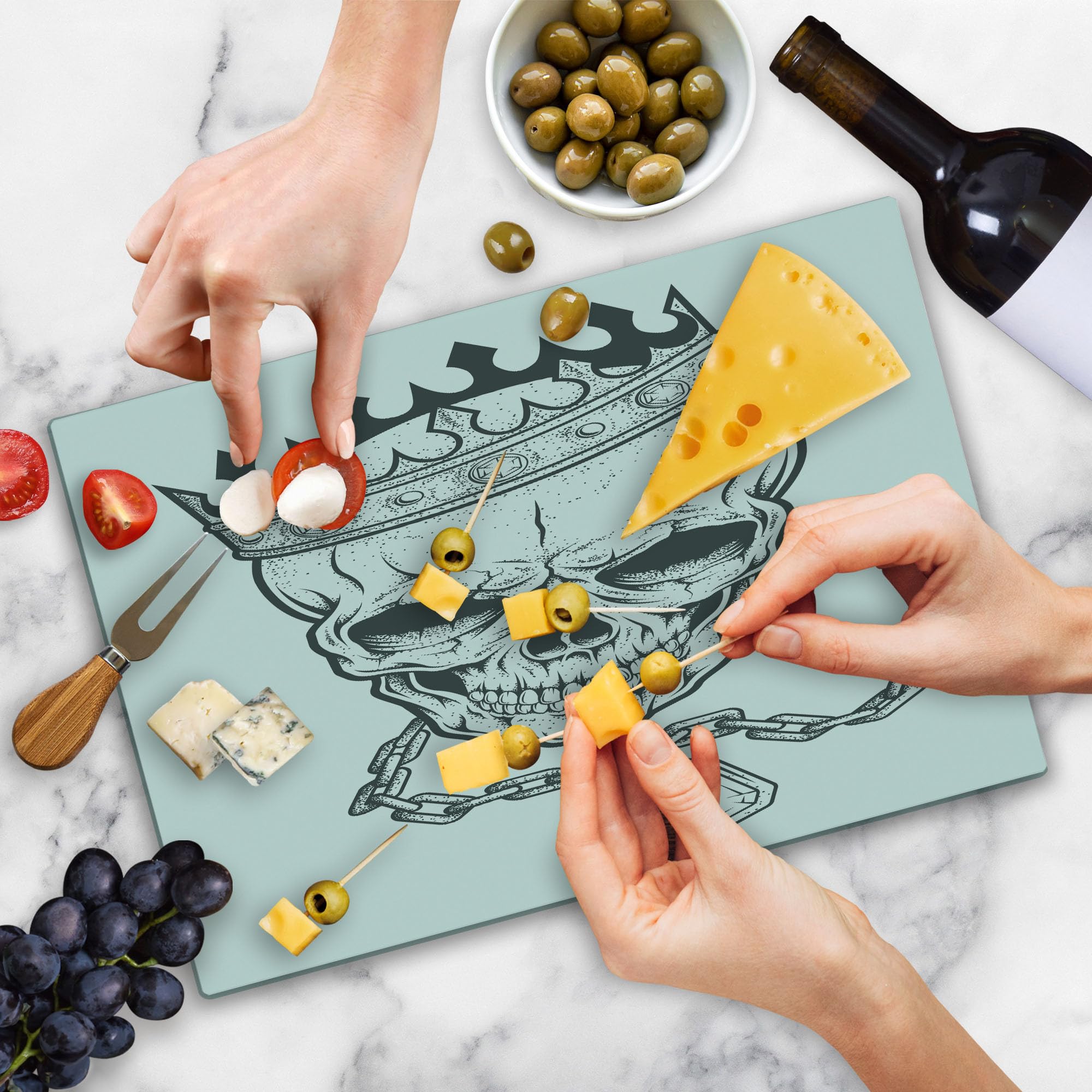 Ambesonne King Size Tempered Glass Cutting Board - Skull with Crown Hip Hop Street Style Print, Large Charcoal Grey & White Decorative Serving Board for Kitchen, Dining & Party Use